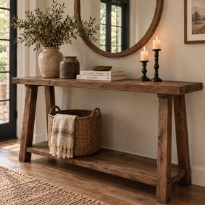 Peut inclure: Une console en bois rustique avec une étagère inférieure, présentant une finition en grain de bois naturel. Sur la table se trouvent un grand vase en céramique avec de la verdure, un petit pot sombre, deux livres empilés intitulés The Kinfolk Home.