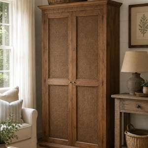 Può includere: Un armadio alto e rettangolare in legno dotato di due ante verticali con pannelli in paglia di Vienna intrecciata. Il mobile presenta una finitura in legno marrone medio, una cornice superiore piatta e due piccoli pomelli metallici.