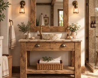 May include: A bathroom vanity featuring a light brown wood base with two drawers, a marble countertop, and a round marble vessel sink. Above the vanity is a matching wood-framed mirror, two brass wall sconces, and a brass faucet.