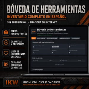 Op de afbeelding: Een laptopscherm met de software-interface Bóveda de Herramientas in een donker thema. Het dashboard toont de gereedschapsinventaris, een totale investering van $1.029,99, garanties, gegevensrapporten en de tekst IKW Iron Knuckle Works.