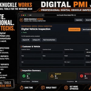 May include: A digital vehicle inspection software interface titled Iron Knuckle Works Digital PMI v1.2. The dark-themed dashboard displays fields for customer and vehicle details, inspection summary status, and buttons for saving and printing reports.