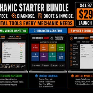 May include: A digital mechanic starter bundle featuring three software tools: a vehicle inspection system, a diagnostic assistant with eight symptom categories, and an invoice and profit calculator, all displayed on three laptop screens.