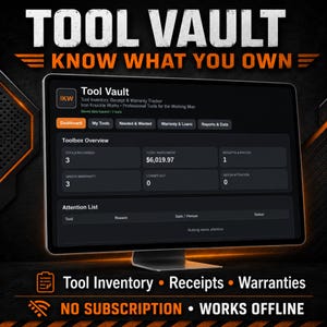 May include: A computer monitor displaying the Tool Vault software interface. The screen shows a dashboard with tool inventory, receipt, and warranty tracking data, including a total investment of $6,019.97. Text reads Tool Vault, Know What You Own.