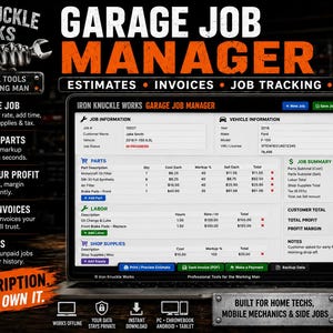 May include: A digital software interface titled Garage Job Manager displayed on a laptop screen. The dashboard shows job information, vehicle details, parts lists, labor costs, and a job summary with a total profit of $277.64 for a 2018 Ford F-150.