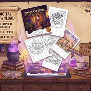 Peut inclure: Un livre de coloriage num&eacute;rique intitul&eacute; The Black Cat Coven avec des illustrations de magie noire. L'image montre une tablette, des pages imprim&eacute;es, un chaudron, des cartes de tarot et des crayons sur un bureau en bois. Le texte indique Digital Download, No Physical Product, US Letter PDF, Print at Home.