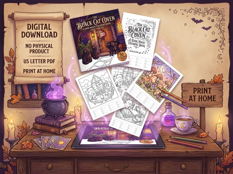 Peut inclure: Un livre de coloriage num&eacute;rique intitul&eacute; The Black Cat Coven avec des illustrations de magie noire. L'image montre une tablette, des pages imprim&eacute;es, un chaudron, des cartes de tarot et des crayons sur un bureau en bois. Le texte indique Digital Download, No Physical Product, US Letter PDF, Print at Home.