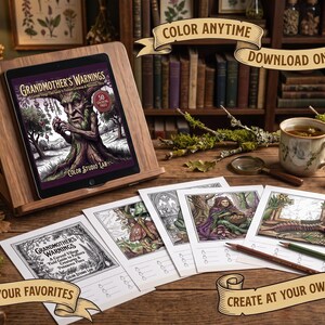 May include: A digital tablet on a wooden stand displays a colouring book titled Grandmother's Warnings, accompanied by several printed colouring pages featuring fantasy illustrations, coloured pencils, and a ceramic mug on a wooden desk surface.