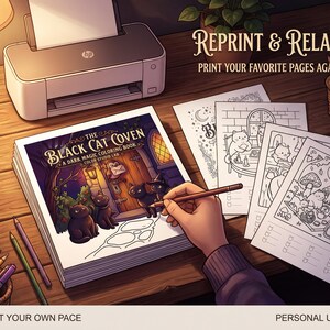 Peut inclure: Un livre de coloriage intitul&eacute; The Black Cat Coven: A Dark Magic Coloring Book par Color Studio Lab, avec une illustration de couverture de chats noirs devant une porte en bois. Inclut des pages &agrave; colorier, des crayons et une imprimante.
