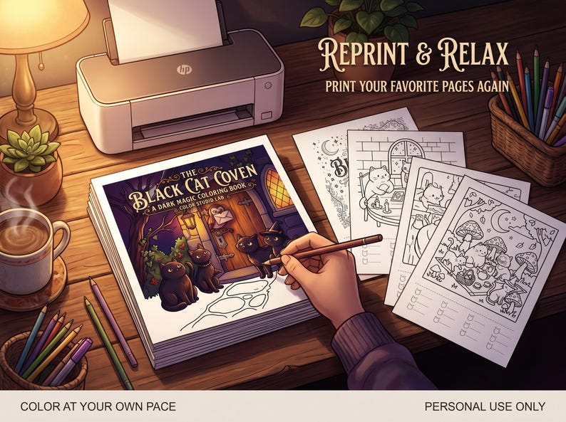 Peut inclure: Un livre de coloriage intitul&eacute; The Black Cat Coven: A Dark Magic Coloring Book par Color Studio Lab, avec une illustration de couverture de chats noirs devant une porte en bois. Inclut des pages &agrave; colorier, des crayons et une imprimante.