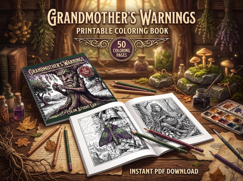 May include: A printable colouring book titled Grandmother's Warnings featuring 50 colouring pages. The book cover displays a tree-like figure, while the open pages show detailed black and white illustrations of a moth and a person in a forest.