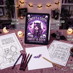 May include: A digital tablet displaying a Sweet & Goth colouring book cover with a purple-haired character, skulls, and bats. Printed colouring pages show a character and a shoe rack. Coloured pencils, a blank sheet, and a small bat illustration are included.