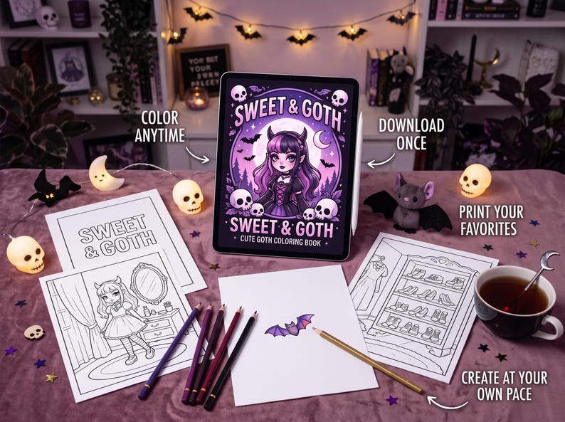 May include: A digital tablet displaying a Sweet & Goth colouring book cover with a purple-haired character, skulls, and bats. Printed colouring pages show a character and a shoe rack. Coloured pencils, a blank sheet, and a small bat illustration are included.