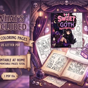 May include: A digital colouring book titled Sweet & Goth featuring 40 colouring pages in US Letter PDF format. The set includes 45 printable pages total in one PDF file. The cover art displays a character in a dark outfit with a skull motif.