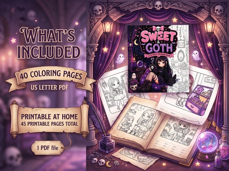 May include: A digital colouring book titled Sweet & Goth featuring 40 colouring pages in US Letter PDF format. The set includes 45 printable pages total in one PDF file. The cover art displays a character in a dark outfit with a skull motif.