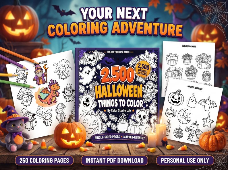 Może przedstawiać: Kolorowanka zatytułowana 2,500 Halloween Things to Color od Color Studio Lab, z ciemną okładką z białymi rysunkami duch&oacute;w, dyń i nietoperzy, prezentowana z dwiema przykładowymi stronami, kredkami i małymi dyniami na drewnianym stole.