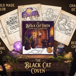 Peut inclure: Le livre de coloriage The Black Cat Coven pr&eacute;sente une illustration de couverture avec des chats noirs pr&egrave;s d'une porte en bois et un hibou, entour&eacute; de pages &agrave; colorier montrant des chats, une boule de cristal et un chaudron sur une table.