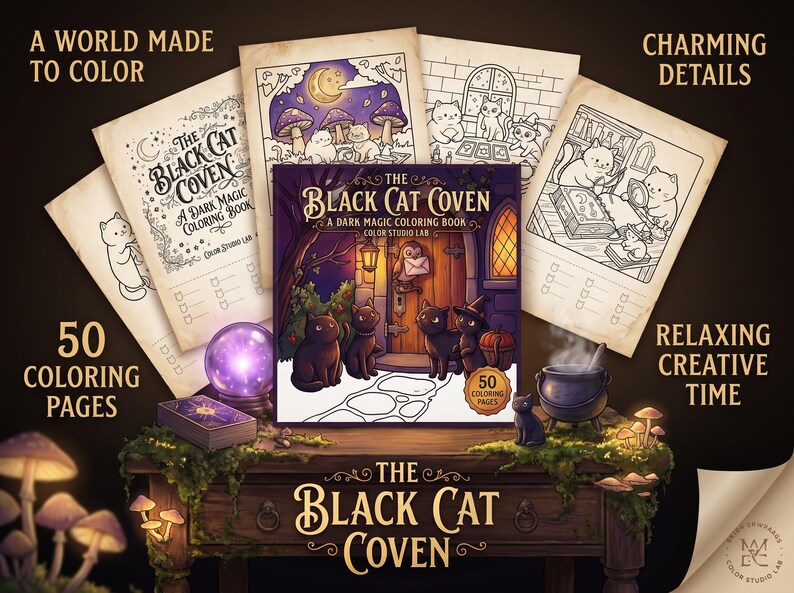 Peut inclure: Le livre de coloriage The Black Cat Coven pr&eacute;sente une illustration de couverture avec des chats noirs pr&egrave;s d'une porte en bois et un hibou, entour&eacute; de pages &agrave; colorier montrant des chats, une boule de cristal et un chaudron sur une table.