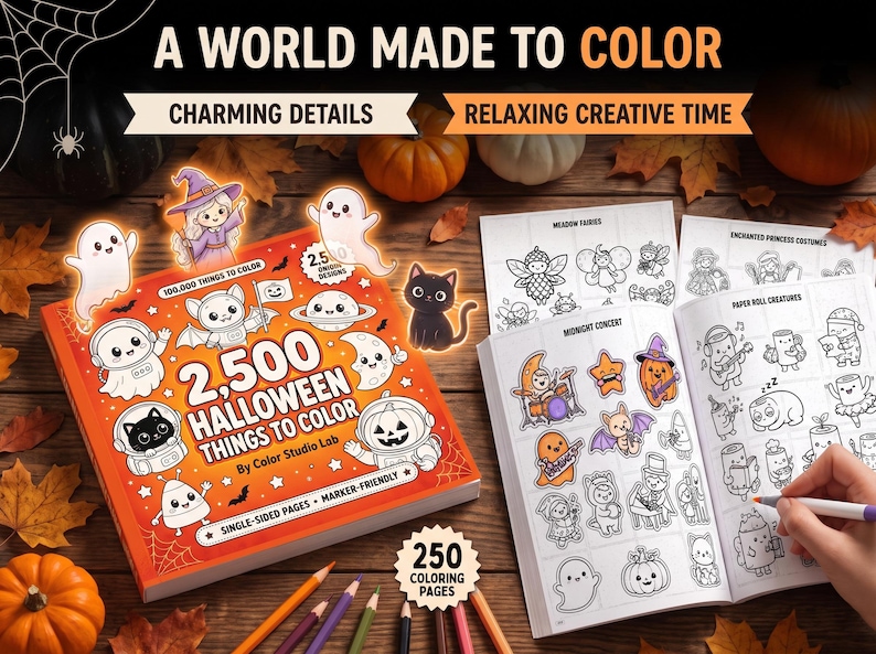 Może przedstawiać: Kolorowanka na Halloween zatytułowana 2,500 Halloween Things To Color od Color Studio Lab, z pomarańczową okładką z rysunkami duch&oacute;w, kota i dyni. Otwarta książka prezentuje strony z czarno-białymi rysunkami liniowymi do kolorowania.