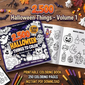 Może przedstawiać: Kolorowanka zatytułowana 2,500 Halloween Things to Color od Color Studio Lab, z ciemnofioletową okładką i białymi rysunkami duch&oacute;w, nietoperzy i dyń. Otwarta książka prezentuje strony z czarno-białymi ilustracjami czarodziej&oacute;w i świec.