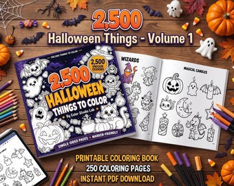 May include: A colouring book titled 2,500 Halloween Things to Colour by Color Studio Lab, featuring a dark purple cover with white line art of ghosts, bats, and pumpkins. The open book displays pages with black and white illustrations of wizards and candles.