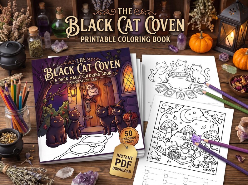 Peut inclure: Un livre de coloriage imprimable intitul&eacute; The Black Cat Coven sur le th&egrave;me de la magie noire avec 50 pages &agrave; colorier. La couverture montre des chats noirs pr&egrave;s d'une porte en bois, tandis que des pages volantes pr&eacute;sentent des dessins au trait.