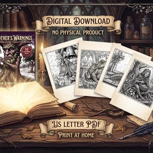 May include: A digital download colouring book titled Grandmother's Warnings featuring 50 pages of black and white illustrations of creatures and flora. The set includes a cover image, four sample pages, an open book, and a quill on a wooden desk.