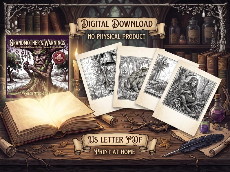 May include: A digital download colouring book titled Grandmother's Warnings featuring 50 pages of black and white illustrations of creatures and flora. The set includes a cover image, four sample pages, an open book, and a quill on a wooden desk.