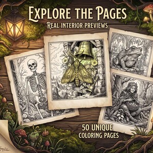 May include: A collection of colouring pages featuring black and white illustrations of a skeleton, a moth with a bell, a toad, and a hooded figure. The text reads EXPLORE THE PAGES REAL INTERIOR PREVIEWS and 50 UNIQUE COLOURING PAGES on a dark wood background.