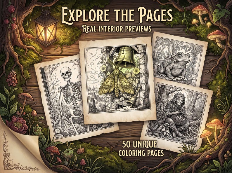 May include: A collection of colouring pages featuring black and white illustrations of a skeleton, a moth with a bell, a toad, and a hooded figure. The text reads EXPLORE THE PAGES REAL INTERIOR PREVIEWS and 50 UNIQUE COLOURING PAGES on a dark wood background.