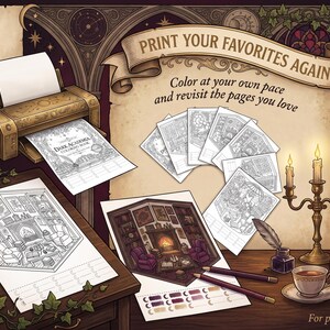 May include: A digital illustration featuring a printer outputting a Dark Academia coloring page, with several printed coloring sheets, a lit candelabra, a teacup, and pencils on a wooden desk. Text reads: PRINT YOUR FAVORITES AGAIN.
