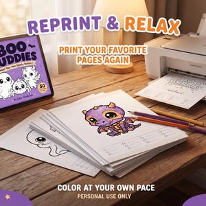 May include: A digital tablet displaying a purple cover titled BOO BUDDIES with three cartoon ghosts, next to a printer and a stack of printed coloring pages. One page features a colored purple dragon, with colored pencils resting on top.
