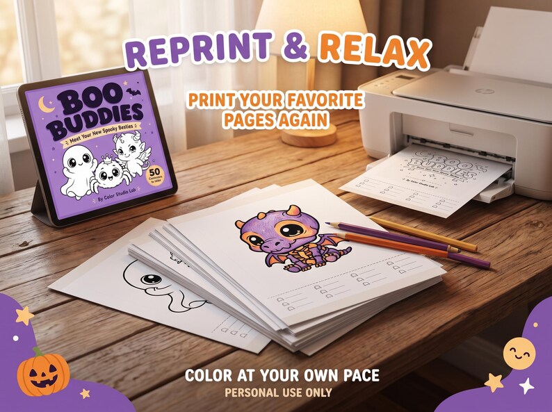 May include: A digital tablet displaying a purple cover titled BOO BUDDIES with three cartoon ghosts, next to a printer and a stack of printed coloring pages. One page features a colored purple dragon, with colored pencils resting on top.