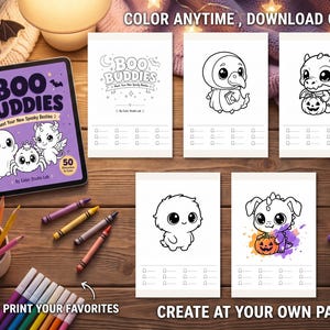 May include: A digital tablet displaying a purple cover titled Boo Buddies with cartoon characters, alongside four printed coloring pages featuring line art of spooky creatures, colored pencils in a cup, and a set of markers on a wooden surface.