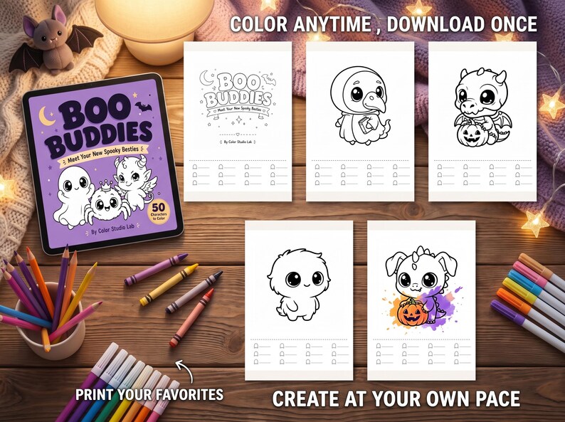 May include: A digital tablet displaying a purple cover titled Boo Buddies with cartoon characters, alongside four printed coloring pages featuring line art of spooky creatures, colored pencils in a cup, and a set of markers on a wooden surface.
