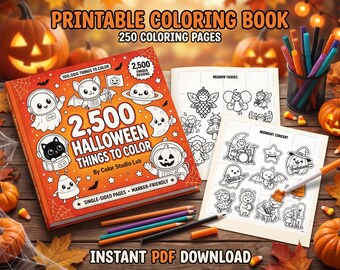 Może przedstawiać: Kolorowanka na Halloween do druku zatytułowana 2,500 Halloween Things to Color od Color Studio Lab. Pomarańczowa okładka przedstawia postacie z kreskówek, takie jak duch, kot i dynia. Zawiera luźne strony do kolorowania, kredki i flamastry.