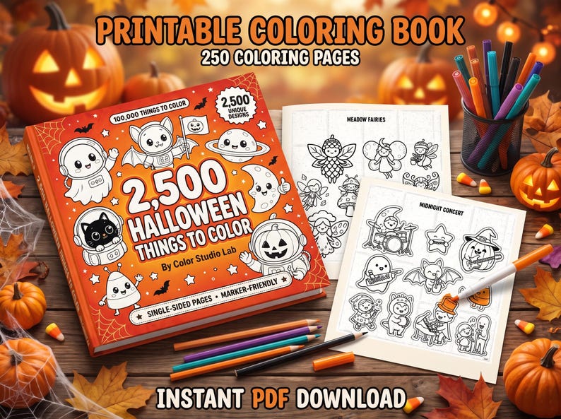Może przedstawiać: Kolorowanka na Halloween do druku zatytułowana 2,500 Halloween Things to Color od Color Studio Lab. Pomarańczowa okładka przedstawia postacie z kresk&oacute;wek, takie jak duch, kot i dynia. Zawiera luźne strony do kolorowania, kredki i flamastry.