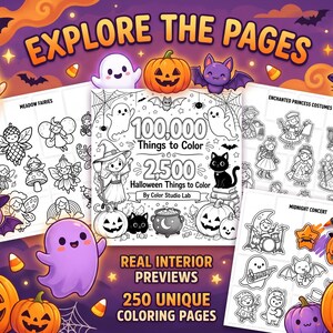 Może przedstawiać: Kolorowanka zatytułowana 100,000 Things to Color z 2,500 Halloween Things to Color od Color Studio Lab. Okładka przedstawia czarownicę, czarnego kota i dynie. Trzy strony wewnętrzne pokazują kontury wr&oacute;żek, kostium&oacute;w i postaci muzycznych.