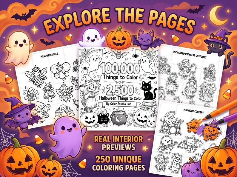 Może przedstawiać: Kolorowanka zatytułowana 100,000 Things to Color z 2,500 Halloween Things to Color od Color Studio Lab. Okładka przedstawia czarownicę, czarnego kota i dynie. Trzy strony wewnętrzne pokazują kontury wr&oacute;żek, kostium&oacute;w i postaci muzycznych.