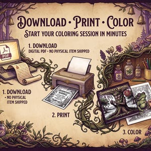May include: A digital colouring guide featuring a laptop, printer, and art supplies. Text reads: Download, Print, Colour, Start your colouring session in minutes, 1. Download, Digital PDF, No physical item shipped, 2. Print, 3. Colour, Grandmother's Warnings.