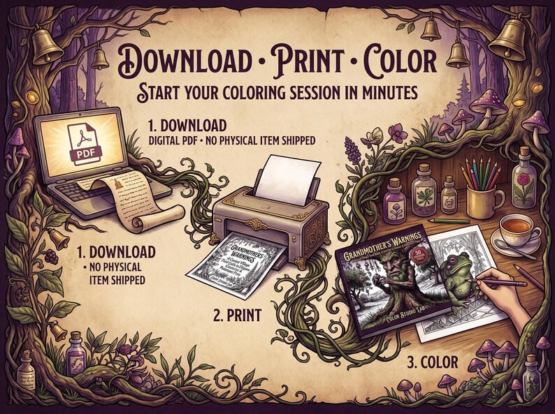May include: A digital colouring guide featuring a laptop, printer, and art supplies. Text reads: Download, Print, Colour, Start your colouring session in minutes, 1. Download, Digital PDF, No physical item shipped, 2. Print, 3. Colour, Grandmother's Warnings.
