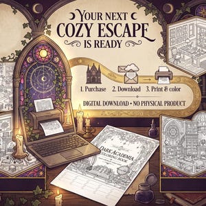 May include: A digital coloring book titled Dark Academia featuring a laptop, printer, and various line art illustrations of gothic library interiors. The image includes text: Your next cozy escape is ready, 1. Purchase 2. Download 3. Print & color.