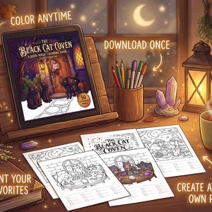 Peut inclure: Une tablette num&eacute;rique sur un support en bois affiche un livre de coloriage intitul&eacute; The Black Cat Coven, A Dark Magic Coloring Book. Plusieurs pages &agrave; colorier imprim&eacute;es avec des chats, un pot &agrave; crayons, une lanterne, une tasse et un grimoire.
