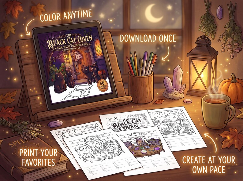 Peut inclure: Une tablette num&eacute;rique sur un support en bois affiche un livre de coloriage intitul&eacute; The Black Cat Coven, A Dark Magic Coloring Book. Plusieurs pages &agrave; colorier imprim&eacute;es avec des chats, un pot &agrave; crayons, une lanterne, une tasse et un grimoire.