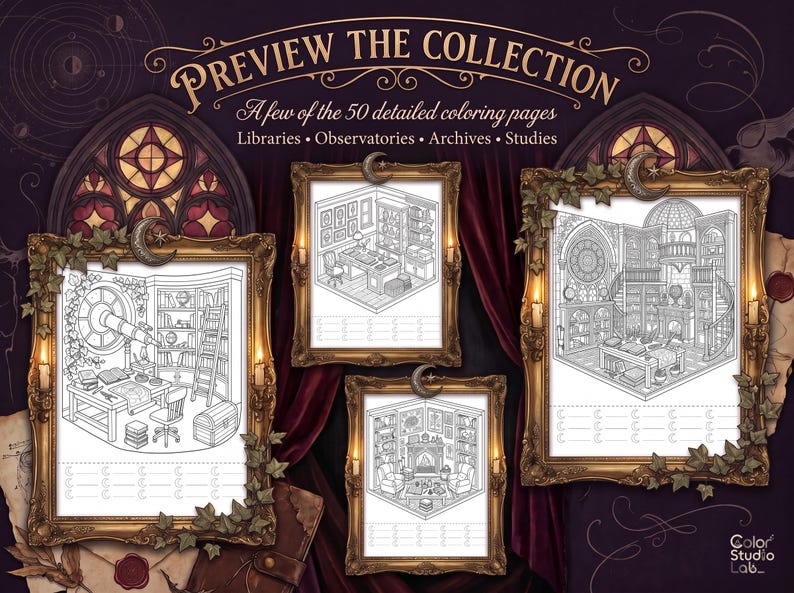 May include: A collection of three detailed coloring pages displayed in ornate gold frames. The pages feature intricate line art illustrations of libraries, observatories, archives, and studies. The text reads PREVIEW THE COLLECTION.