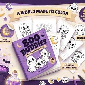 May include: A purple coloring book titled Boo Buddies featuring cartoon characters on the cover, surrounded by loose coloring pages with black and white illustrations of ghosts and monsters, colored pencils, and small decorative stickers.