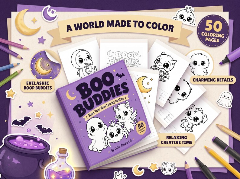 May include: A purple coloring book titled Boo Buddies featuring cartoon characters on the cover, surrounded by loose coloring pages with black and white illustrations of ghosts and monsters, colored pencils, and small decorative stickers.