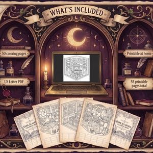 May include: A digital coloring book set featuring 50 coloring pages in US Letter PDF format, totaling 55 printable pages. The image displays a laptop screen showing a line art illustration, surrounded by shelves with books, ink bottles, and quills.