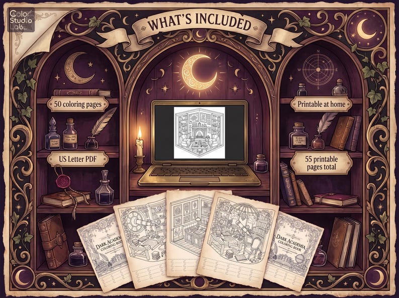 May include: A digital coloring book set featuring 50 coloring pages in US Letter PDF format, totaling 55 printable pages. The image displays a laptop screen showing a line art illustration, surrounded by shelves with books, ink bottles, and quills.