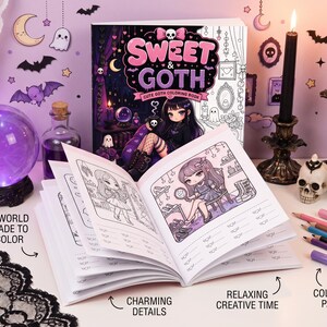 May include: A Sweet & Goth colouring book with a black and white cover featuring a character, displayed with an open page showing a coloured illustration. The scene includes a purple crystal ball, two black candles, two skulls, and coloured pencils.
