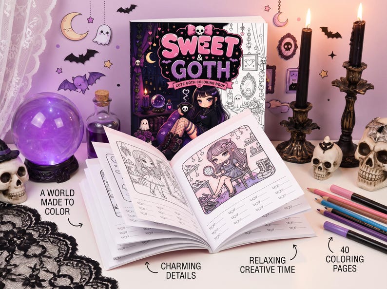 May include: A Sweet & Goth colouring book with a black and white cover featuring a character, displayed with an open page showing a coloured illustration. The scene includes a purple crystal ball, two black candles, two skulls, and coloured pencils.